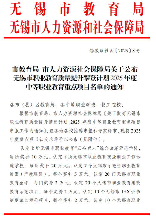 喜報(bào):我校多個(gè)項(xiàng)目入選無(wú)錫市職業(yè)教育質(zhì)量提升攀登計(jì)劃2025年度重點(diǎn)項(xiàng)目