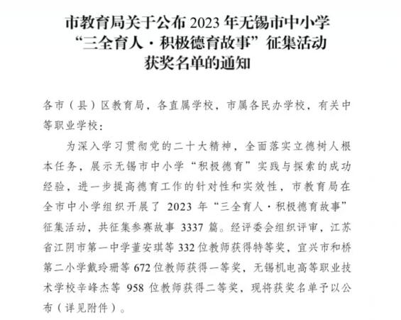 喜報(bào)！——機(jī)械工程學(xué)院黃希老師在2023年無(wú)錫市“三全育人?積極德育故事” 征集活動(dòng)中榮獲特等獎(jiǎng)