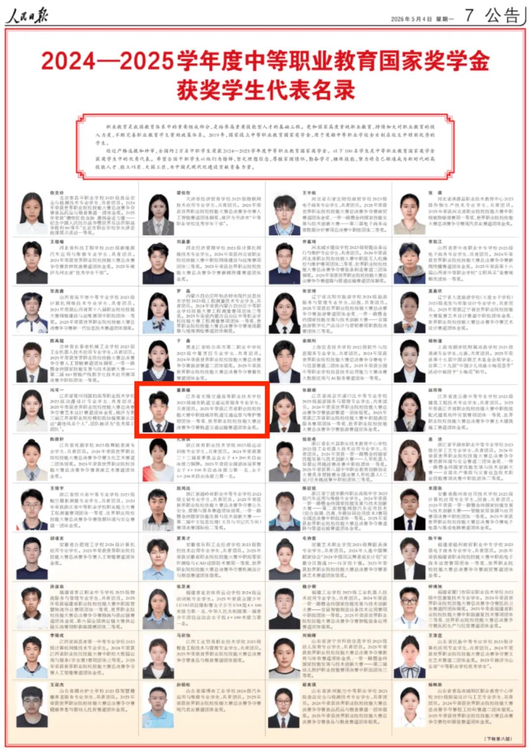 學校學生董晨曦入選《人民日報》代表名錄